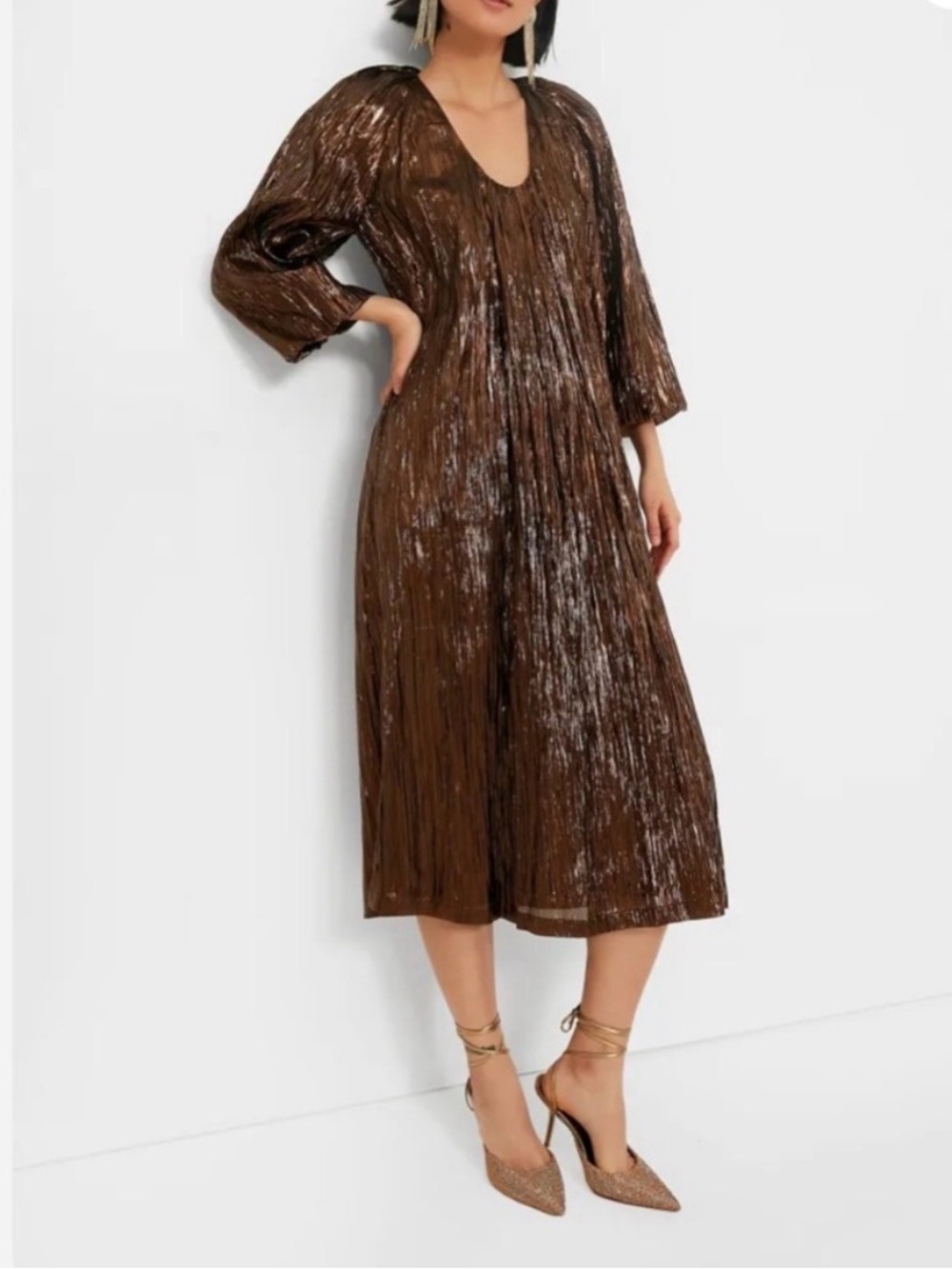 Tuckernuck Metallic Brown Pleated Midi Dress with Balloon Sleeves - Picture 2 of 9